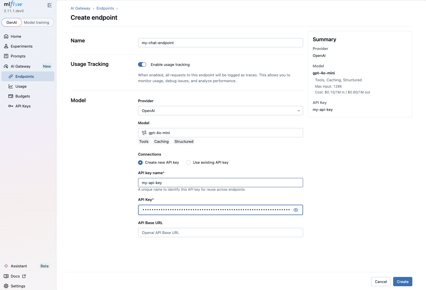 MLflow AI Gateway - Create Endpoint